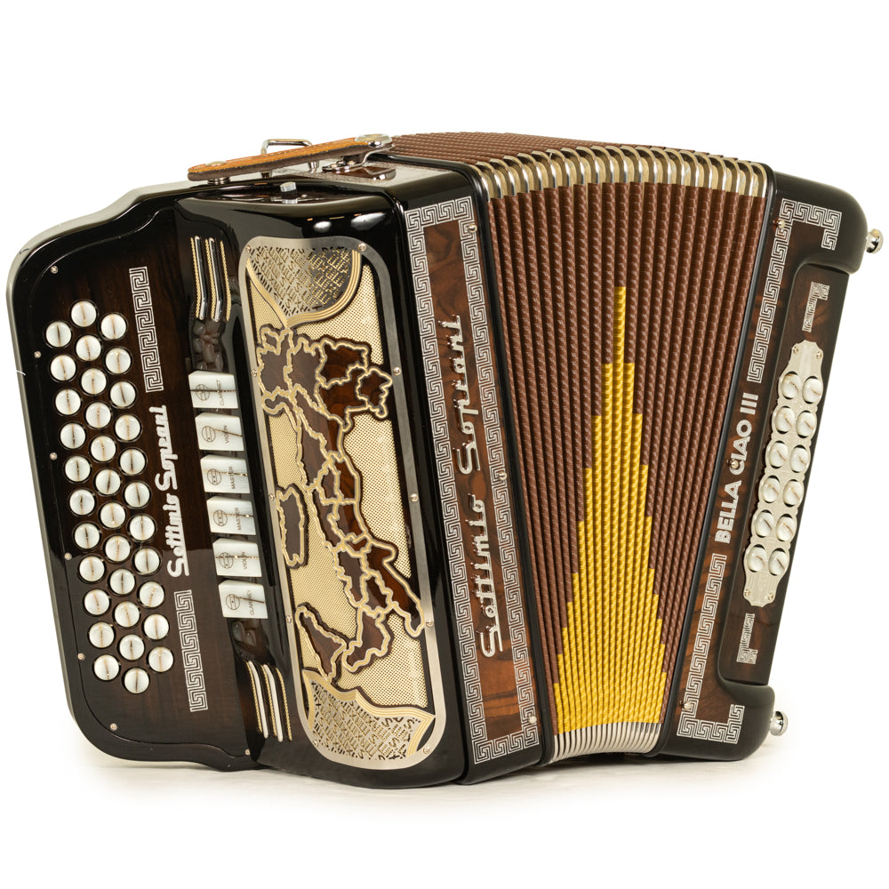 Settimio Soprani Bella Ciao III Acordeon 6 Registros Fa-Sol Madera Oscura Pulida y Plata