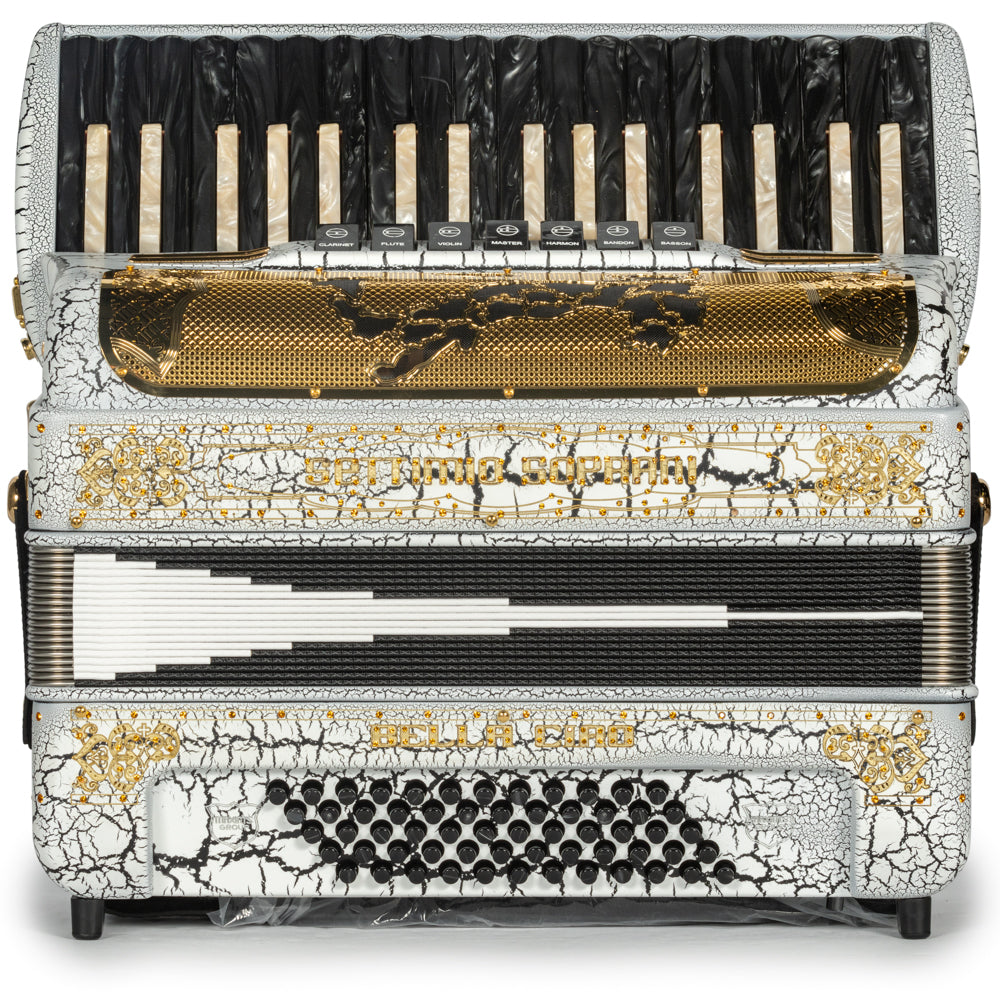 Settimio Soprani Bella Ciao Piano Accordion 7 Switch Cracked White and Gold Hermes Music Accordion Pro Shop