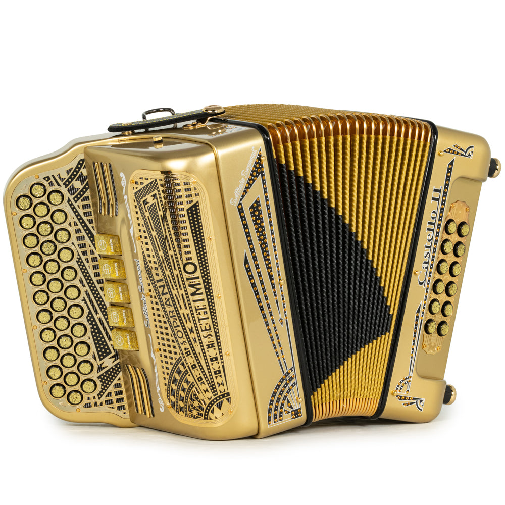 Settimio Soprani Castello II Ultra Compacto Acordeon 5 Registros Mi Dorado con Negro