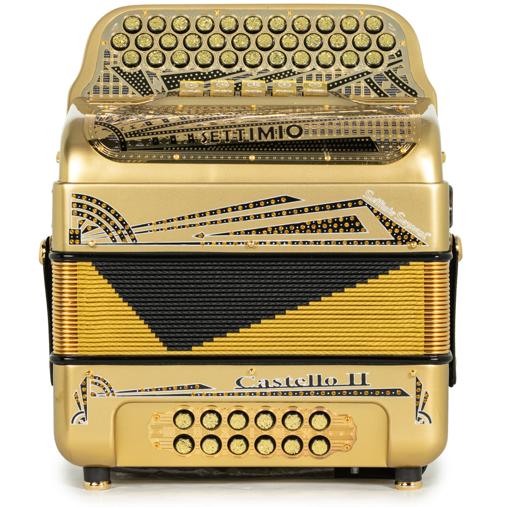 Settimio Soprani Castello II Ultra Compacto Acordeon 5 Registros Mi Dorado con Negro