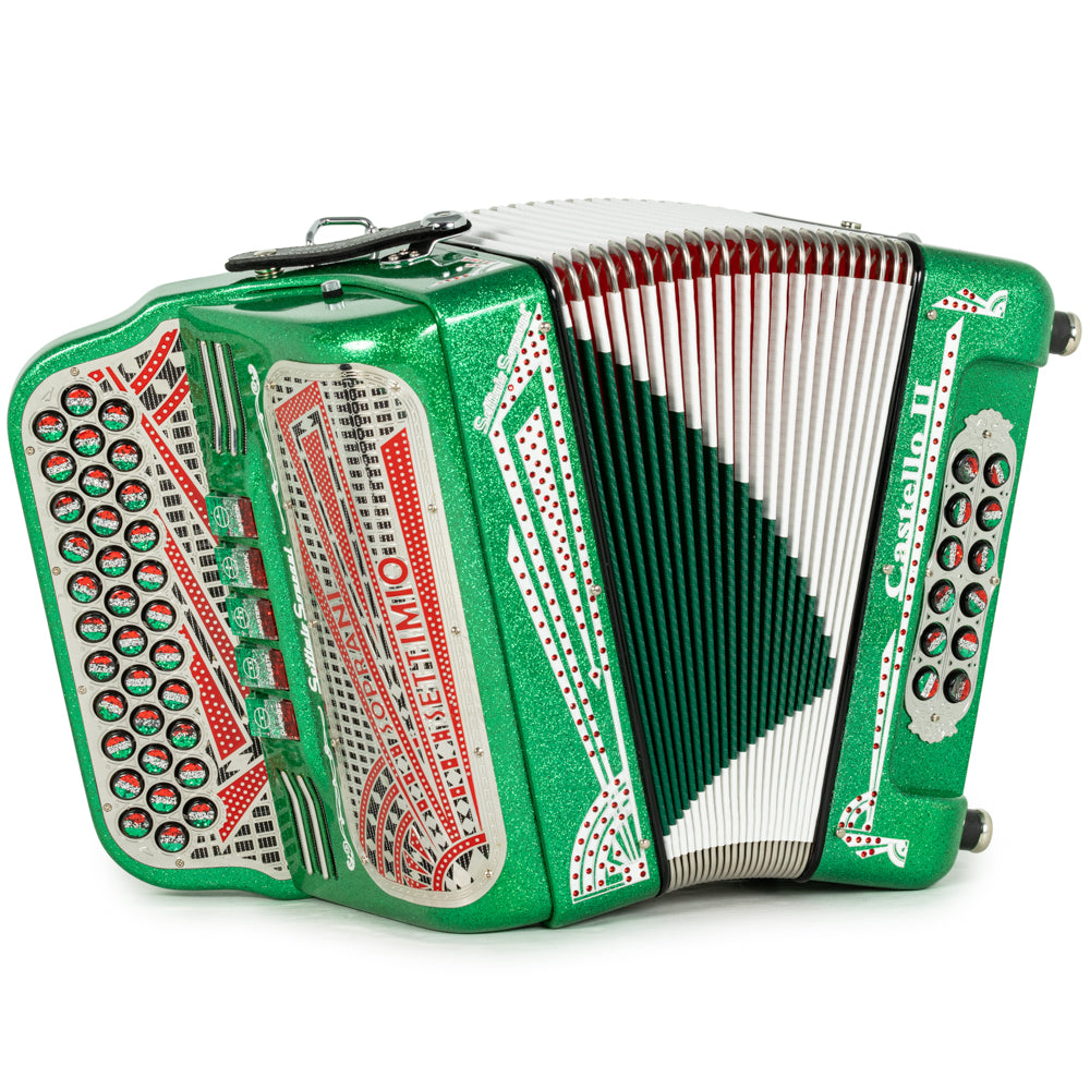 Settimio Soprani Castello II Ultra Compacto Acordeon 5 Registros Fa Brillo Verde con Rojo Blanco y Verde