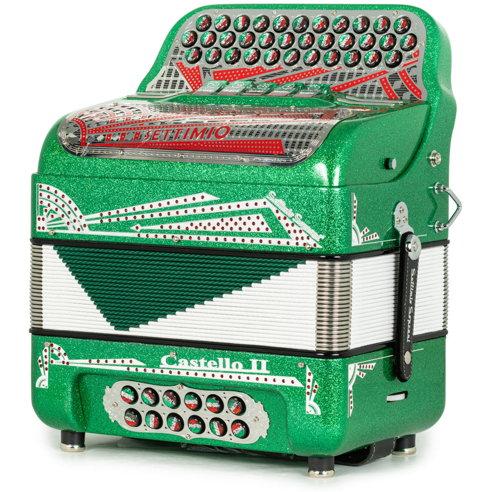 Settimio Soprani Castello II Ultra Compacto Acordeon 5 Registros Fa Brillo Verde con Rojo Blanco y Verde