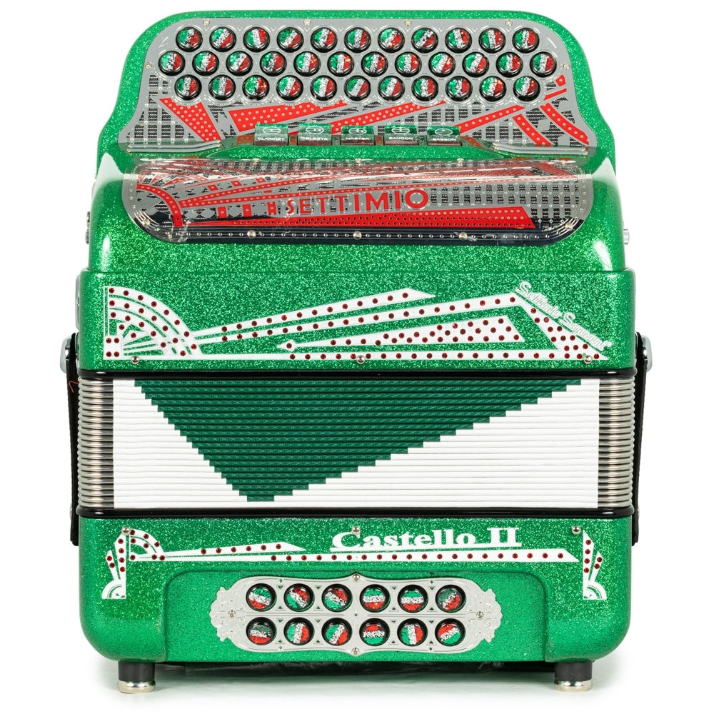 Settimio Soprani Castello II Ultra Compacto Acordeon 5 Registros Fa Brillo Verde con Rojo Blanco y Verde