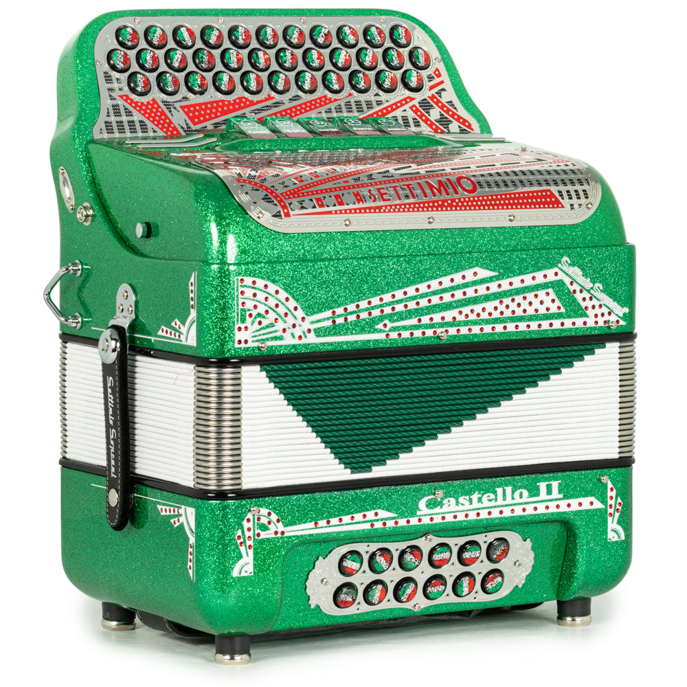 Settimio Soprani Castello II Ultra Compacto Acordeon 5 Registros Fa Brillo Verde con Rojo Blanco y Verde