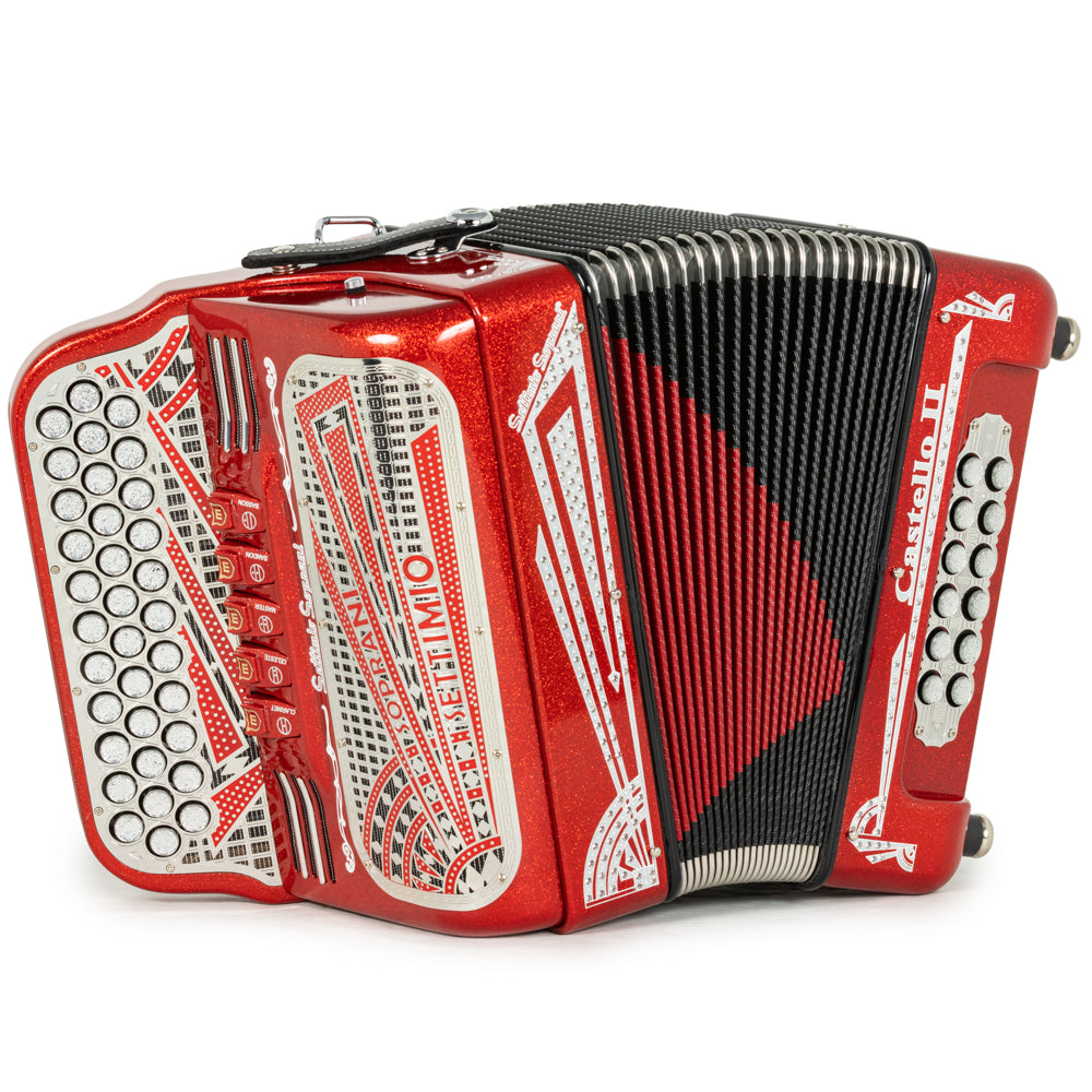 Settimio Soprani Castello II Ultra Compacto Acordeon 5 Registros Fa Brillo Rojo y Cromo