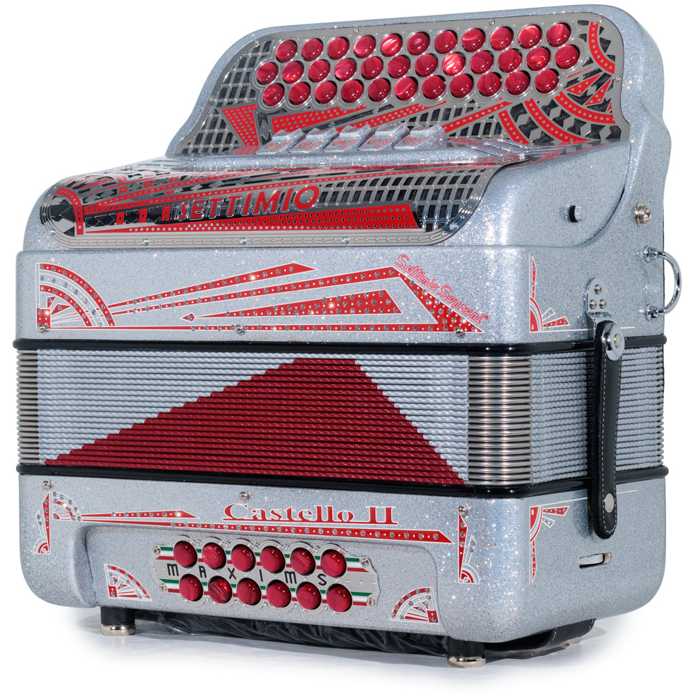 Settimio Soprani Castello II Acordeon 5 Registros Fa Brillo Plateado y Rojo