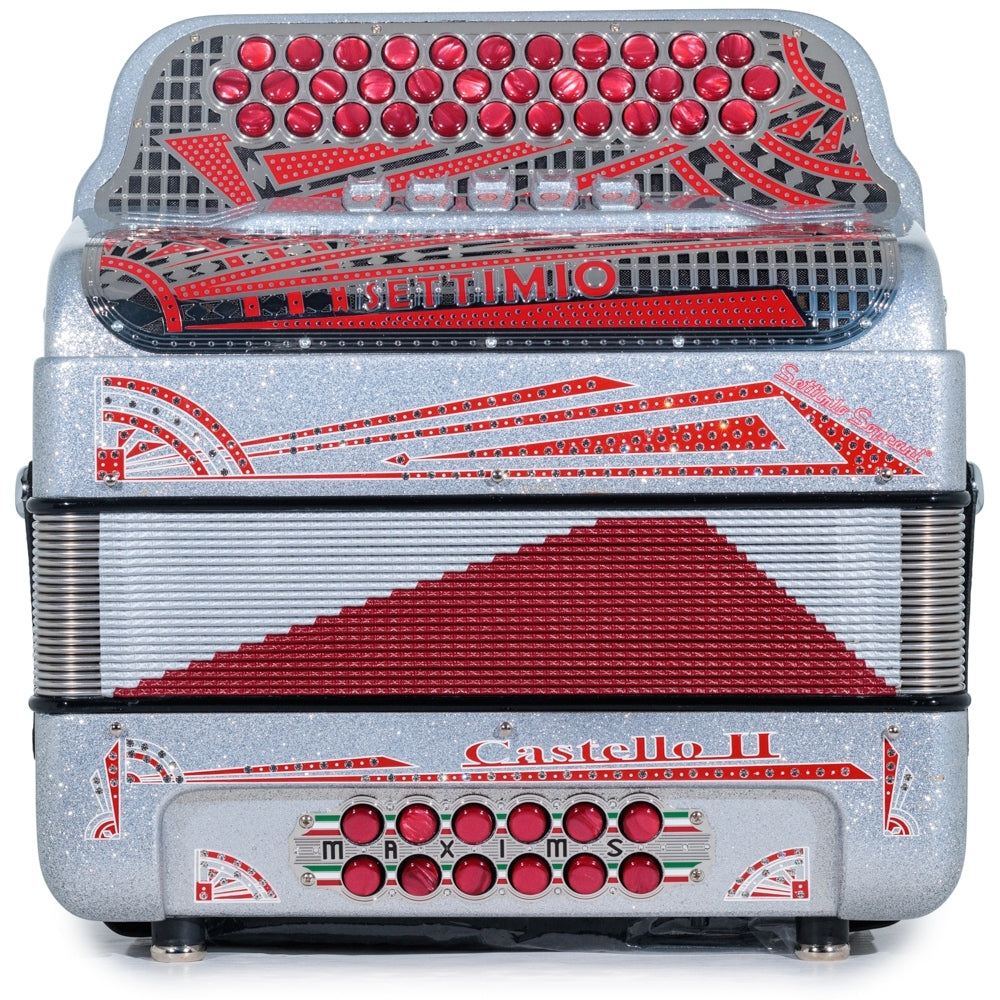 Settimio Soprani Castello II Acordeon 5 Registros Fa Brillo Plateado y Rojo