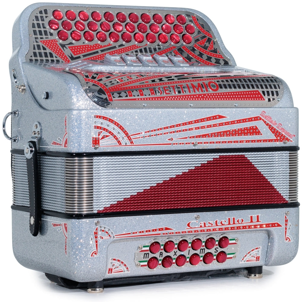 Settimio Soprani Castello II Acordeon 5 Registros Fa Brillo Plateado y Rojo