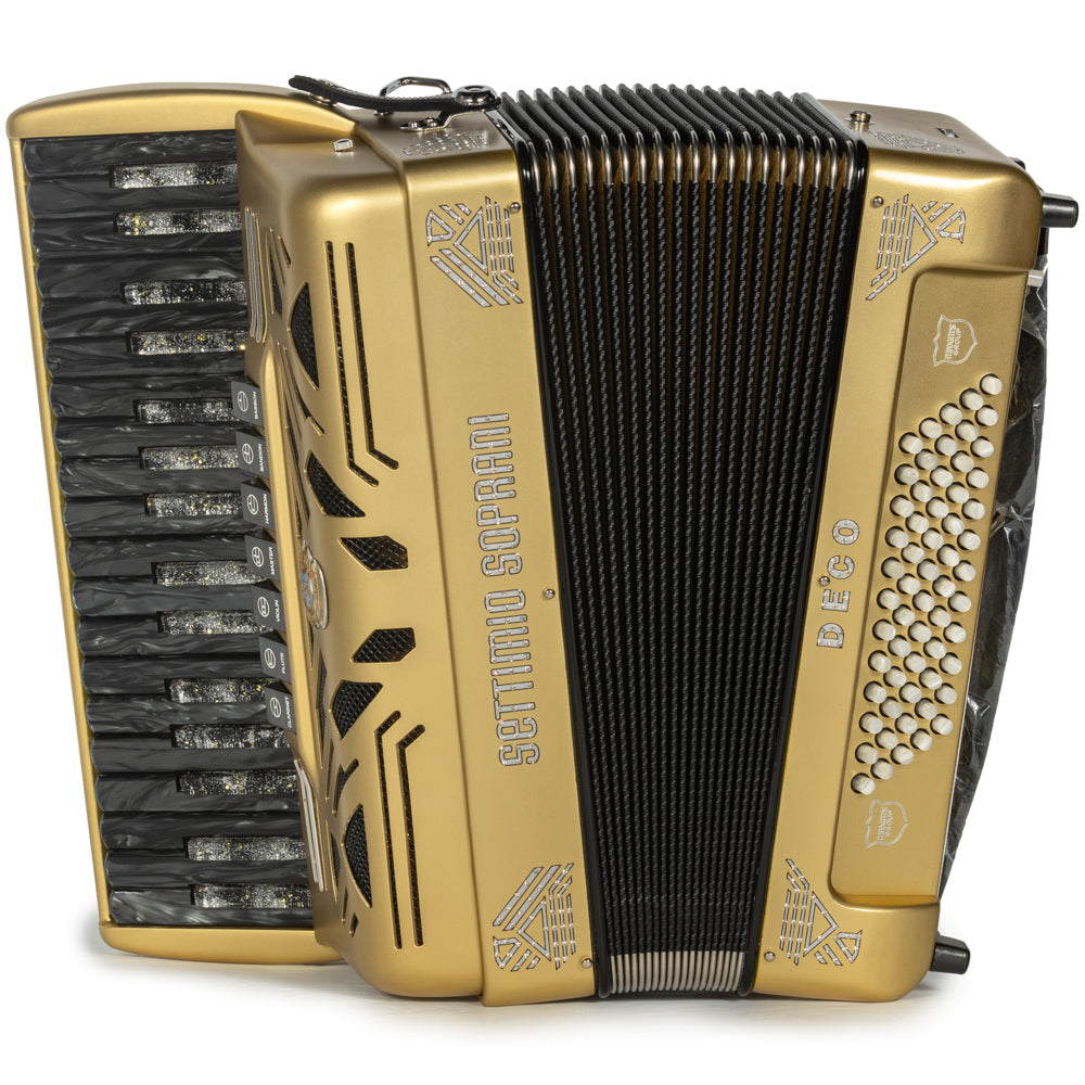 Settimio Soprani Deco Piano Accordion 7 Switch Matte Gold and Black Hermes Music Accordion Pro Shop