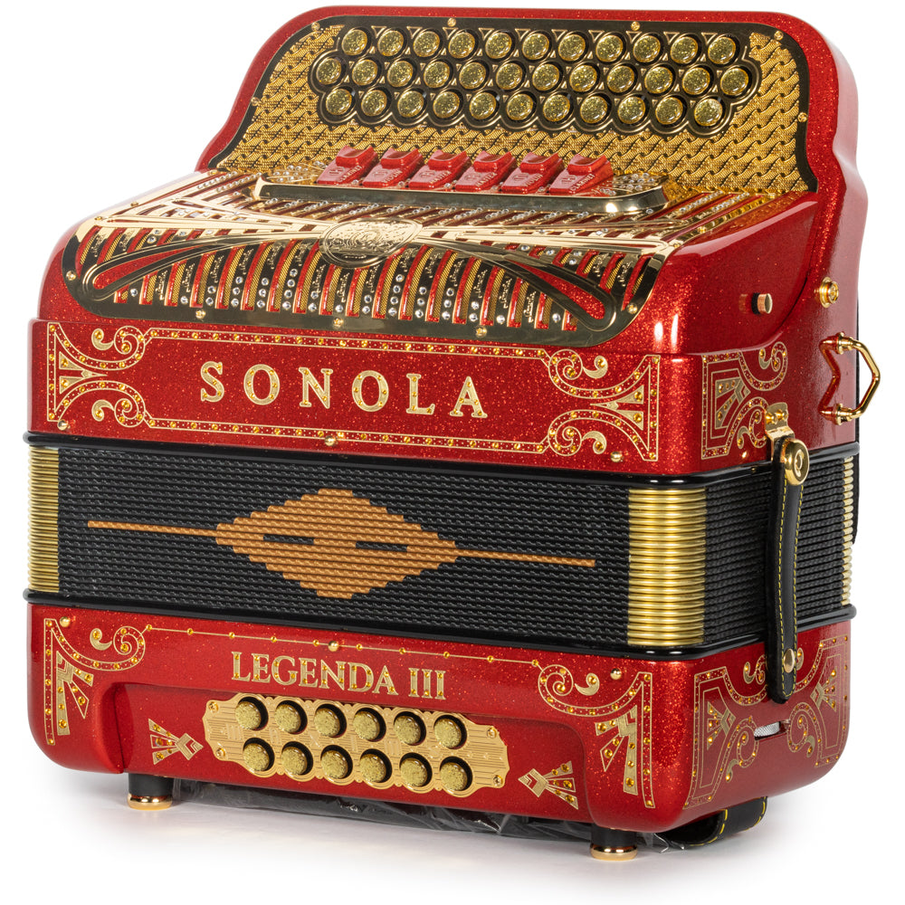 Sonola Legenda III Acordeón 6 Registros Fa-Mi Brillo Rojo y Oro