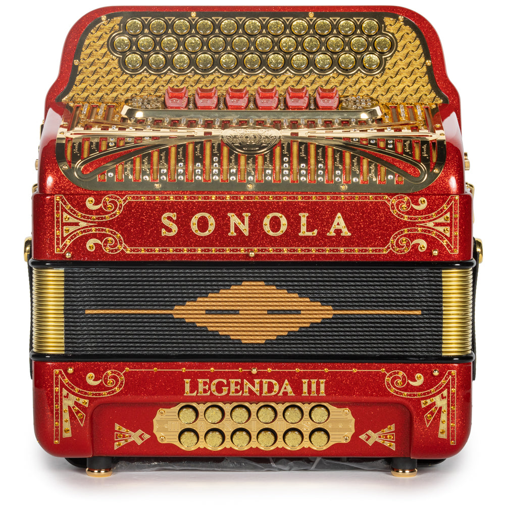 Sonola Legenda III Acordeón 6 Registros Fa-Mi Brillo Rojo y Oro