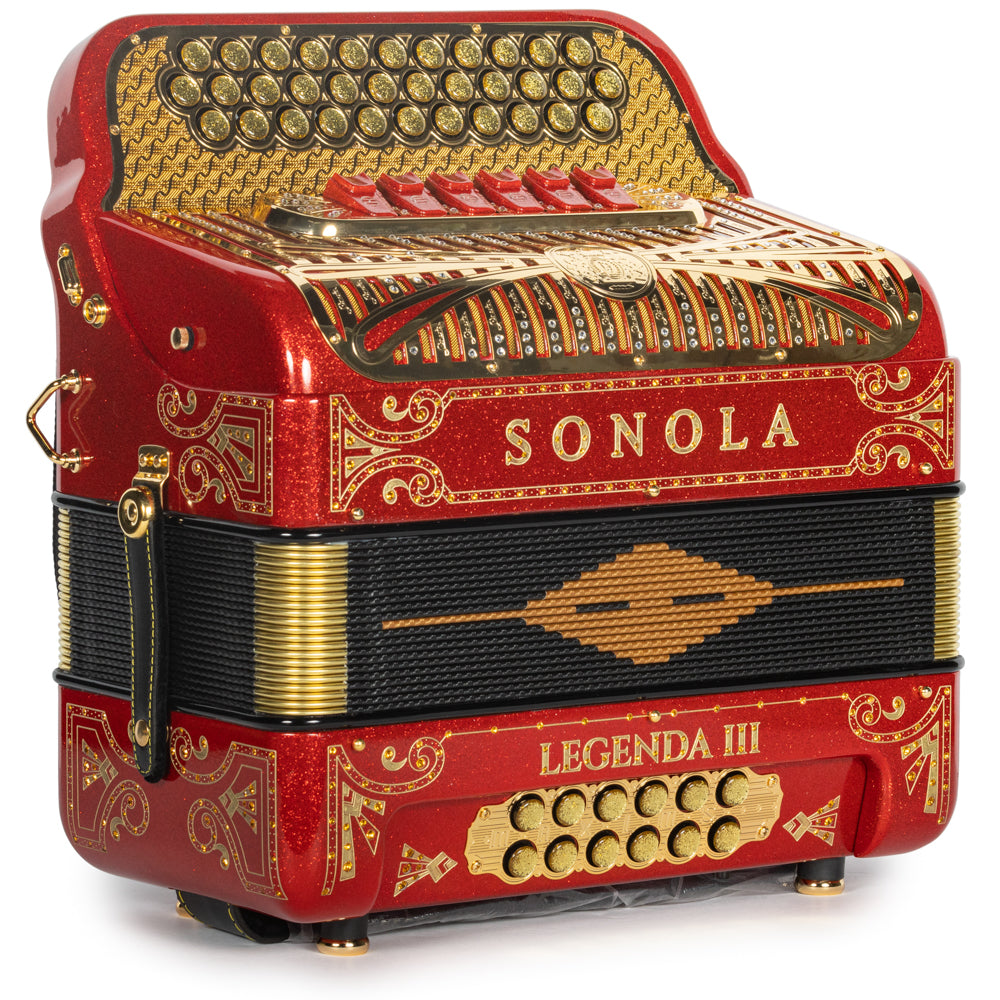 Sonola Legenda III Acordeón 6 Registros Fa-Mi Brillo Rojo y Oro