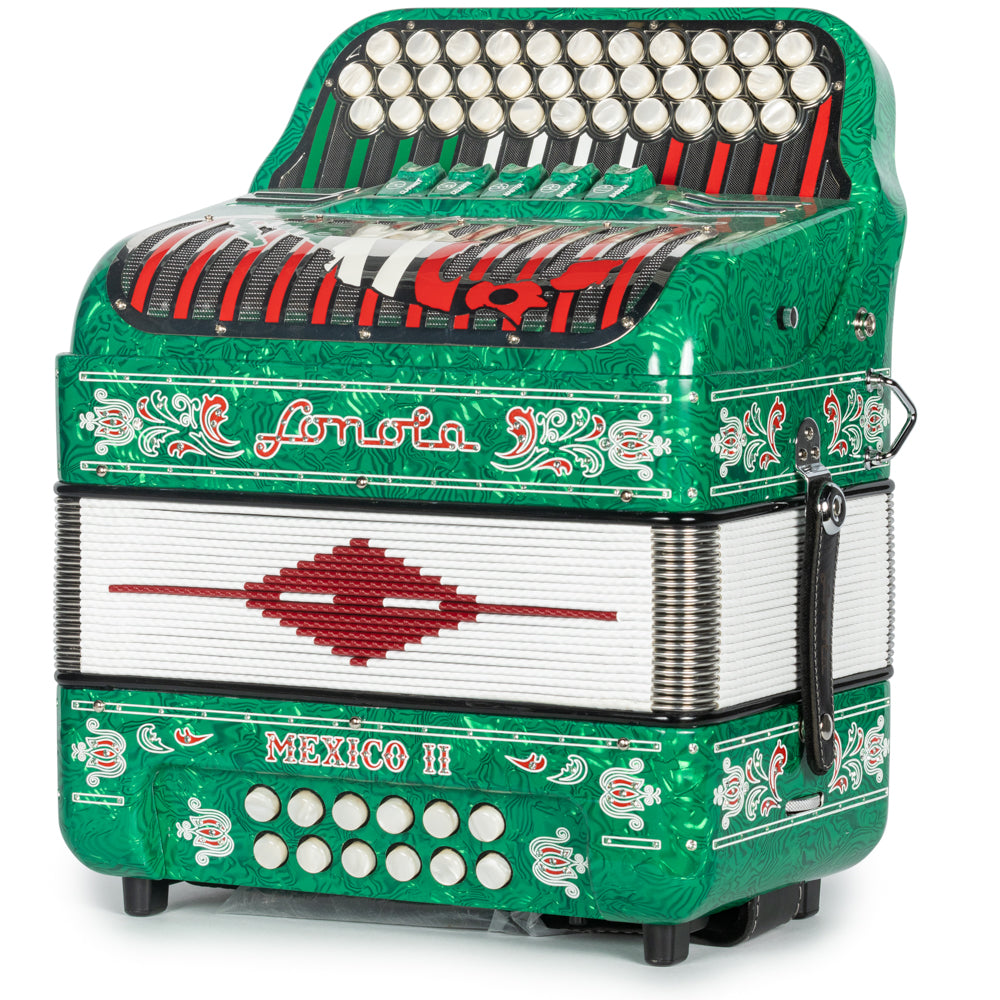 Sonola Mexico II Acordeón Ultra Compacto 5 Registros Sol Ondas Verde con Blanco y Rojo