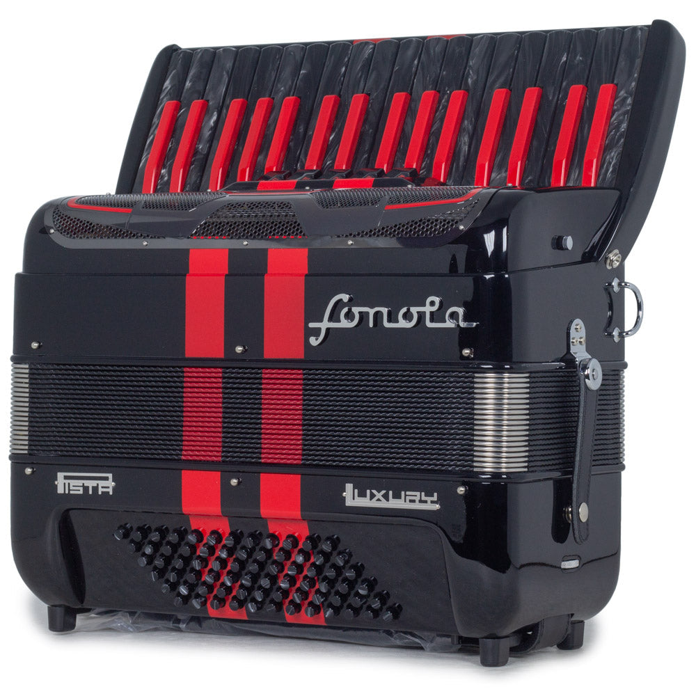 Sonola Pista Deluxe Piano Accordion 5 Switch Glossy Black with Red and Black Keys-accordion-Sonola- Hermes Music