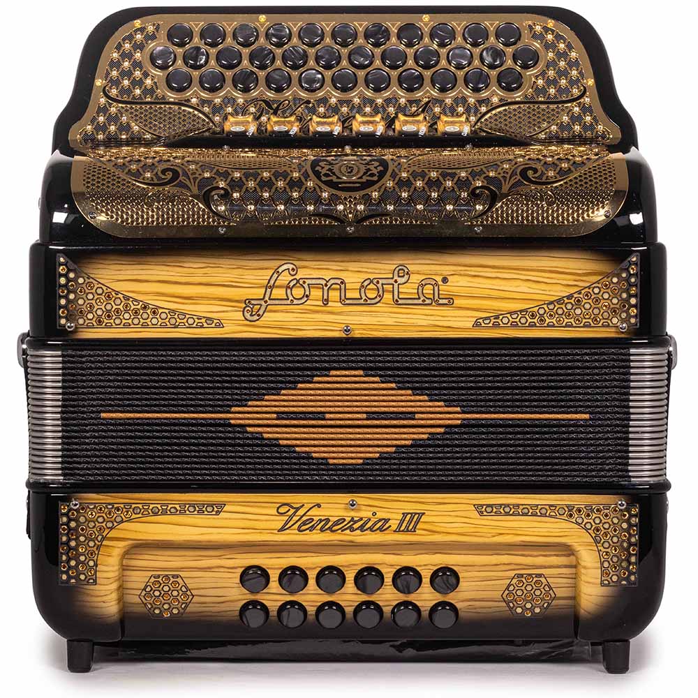 Sonola Venezia III Acordeón 6 Registros FA-MI Negro con Textura de Madera y Dorado