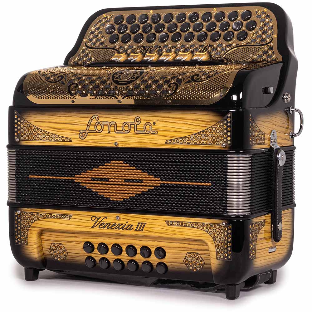 Sonola Venezia III Acordeón 6 Registros FA-MI Negro con Textura de Madera y Dorado