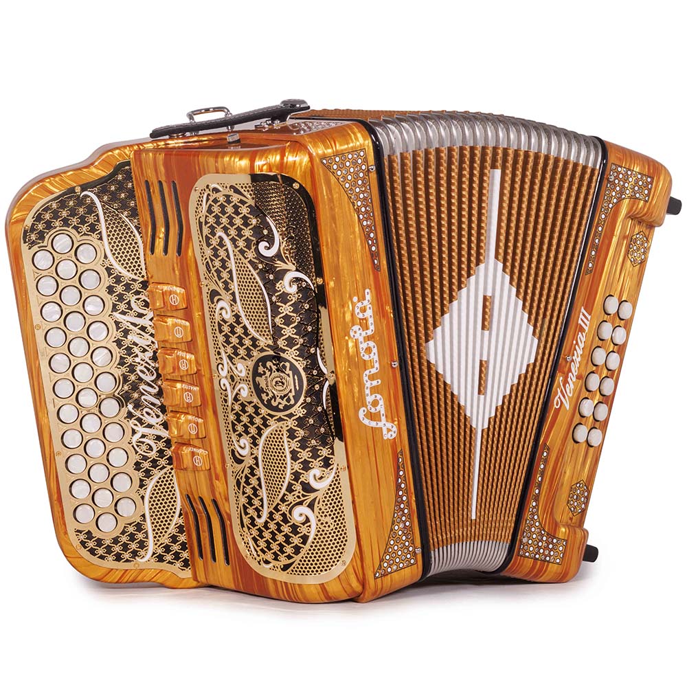 Sonola Venezia III Acordeón 6 Registros FA-MI Madera de Celuloide Dorado y Plateado con Blanco blanca