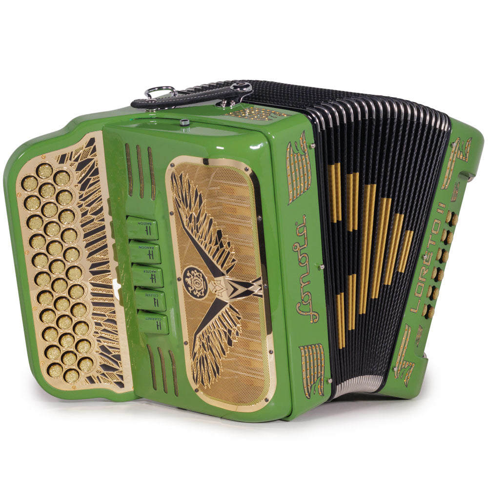 Sonola Loreto II Ultra Compacto Acordeón 5 Registros Mi Green Aguacate Verde con Dorado