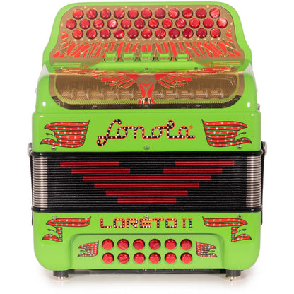 Sonola Loreto II Ultra Compact Accordion 5 Switch FBE Lime Green with Red Designs-Accordions & Concertinas-Sonola-Hermes Music