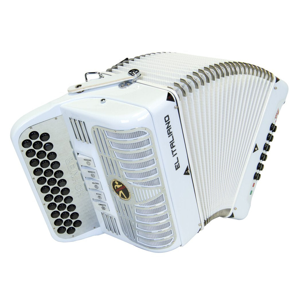 Anacleto El Italiano III Accordion Ultra Compact Accordion 5 Switches FBE White with Chrome Design-accordion-Anacleto- Hermes Music