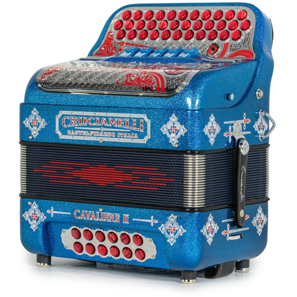 Acordeón Crucianelli Cavaliere II Ultra Compacto 5 Registros Sol Brillo Azul con Rojo