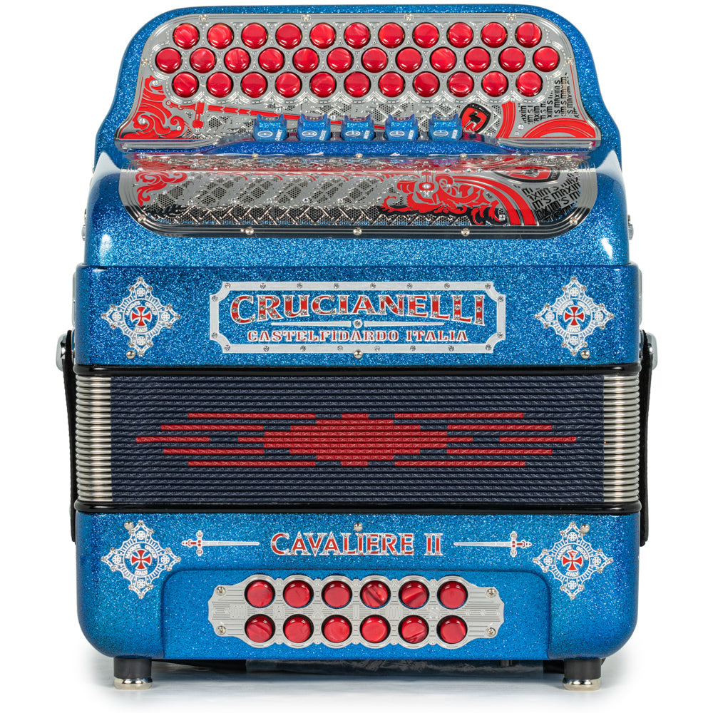 Acordeón Crucianelli Cavaliere II Ultra Compacto 5 Registros Sol Brillo Azul con Rojo