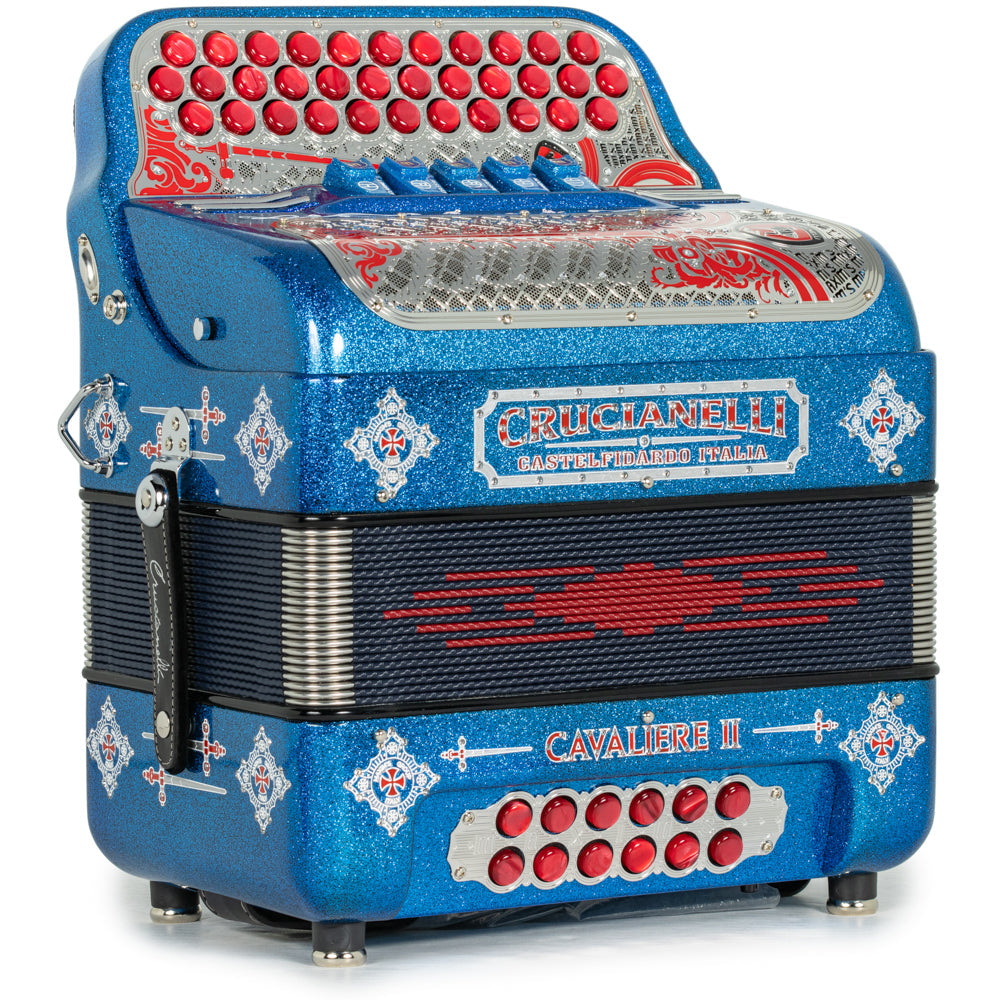 Acordeón Crucianelli Cavaliere II Ultra Compacto 5 Registros Sol Brillo Azul con Rojo