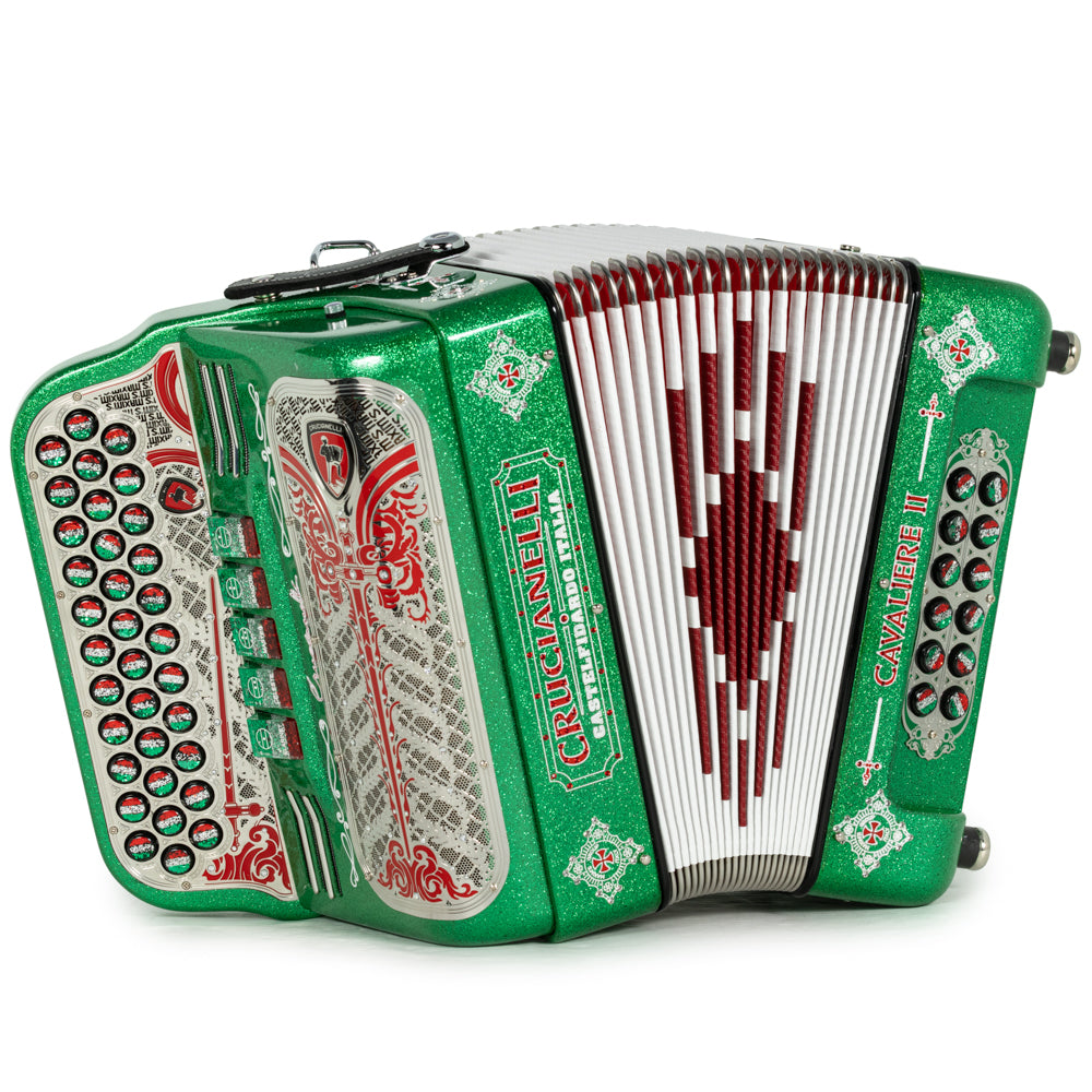 Acordeón Crucianelli Cavaliere II Ultra Compacto 5 Registros Fa Brillo Verde con Rojo