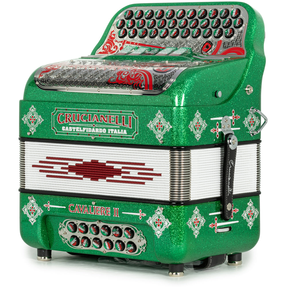 Acordeón Crucianelli Cavaliere II Ultra Compacto 5 Registros Fa Brillo Verde con Rojo