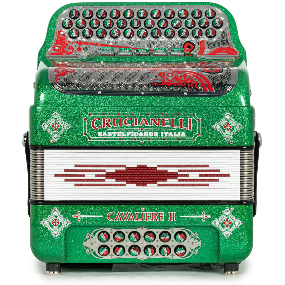 Acordeón Crucianelli Cavaliere II Ultra Compacto 5 Registros Fa Brillo Verde con Rojo