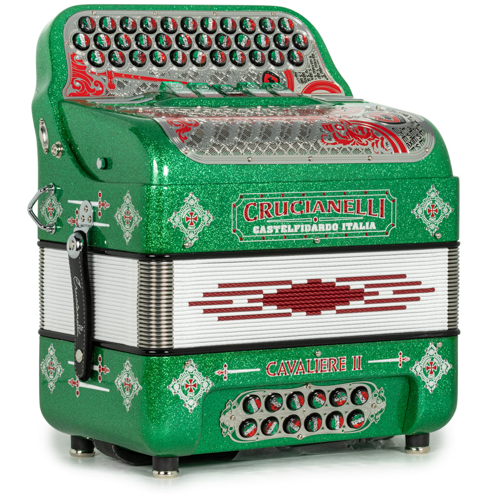 Acordeón Crucianelli Cavaliere II Ultra Compacto 5 Registros Fa Brillo Verde con Rojo