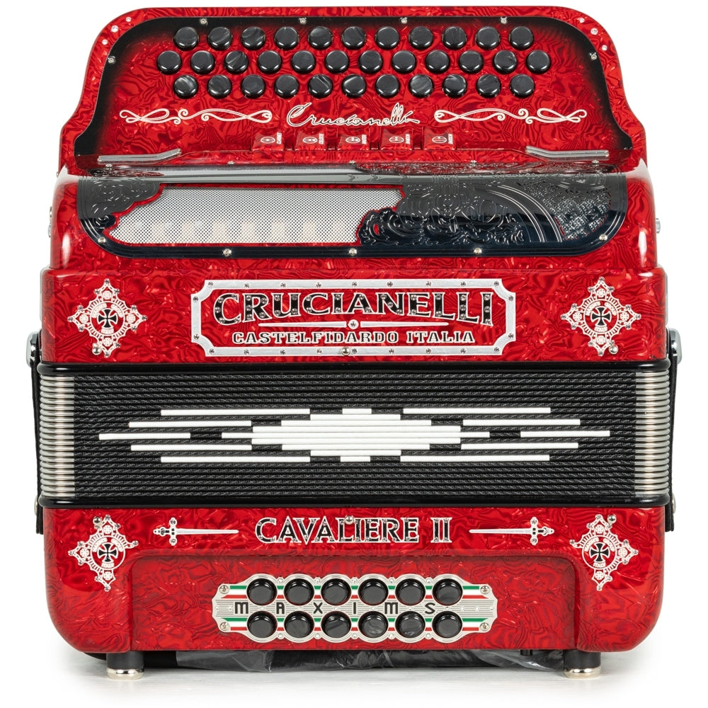 Crucianelli Cavaliere II Acordeón 5 Registros Mi Ondas Rojas y Plata