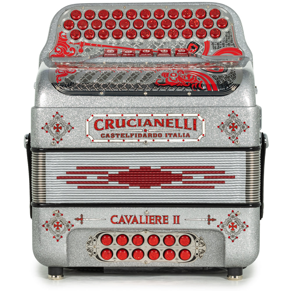 Acordeón Crucianelli Cavaliere II Ultra Compacto 5 Registros Mi Brillo Plateado Rojo