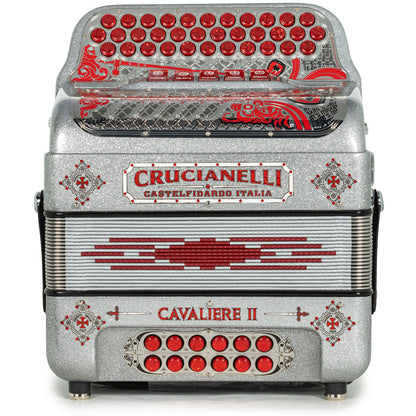 Acordeón Crucianelli Cavaliere II Ultra Compacto 5 Registros Mi Brillo Plateado Rojo