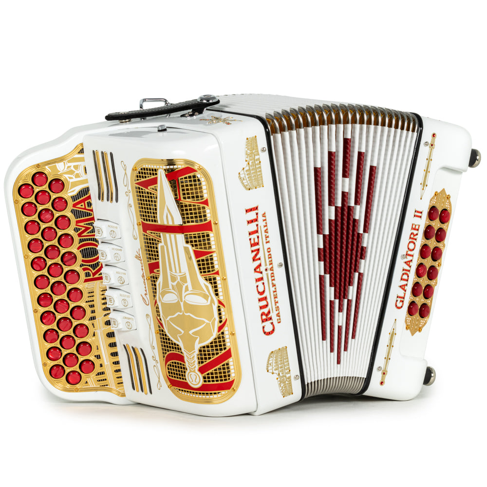 Acordeón Crucianelli Gladiator II 5 Registros Mi Blanco Rojo y Dorado