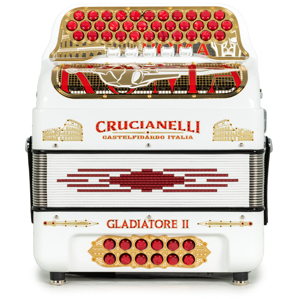 Acordeón Crucianelli Gladiator II 5 Registros Mi Blanco Rojo y Dorado