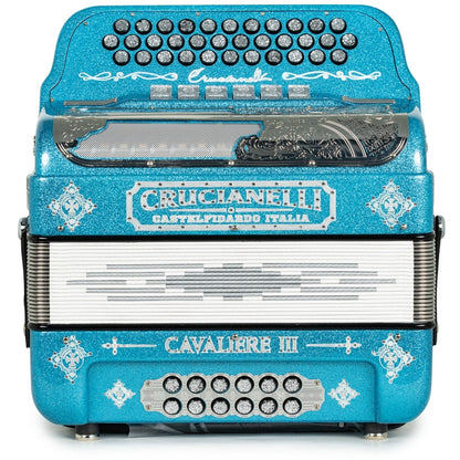 Crucianelli Cavaliere III Acordeón 6 Registros Fa-Mi Brillo Azul Claro y Cromo