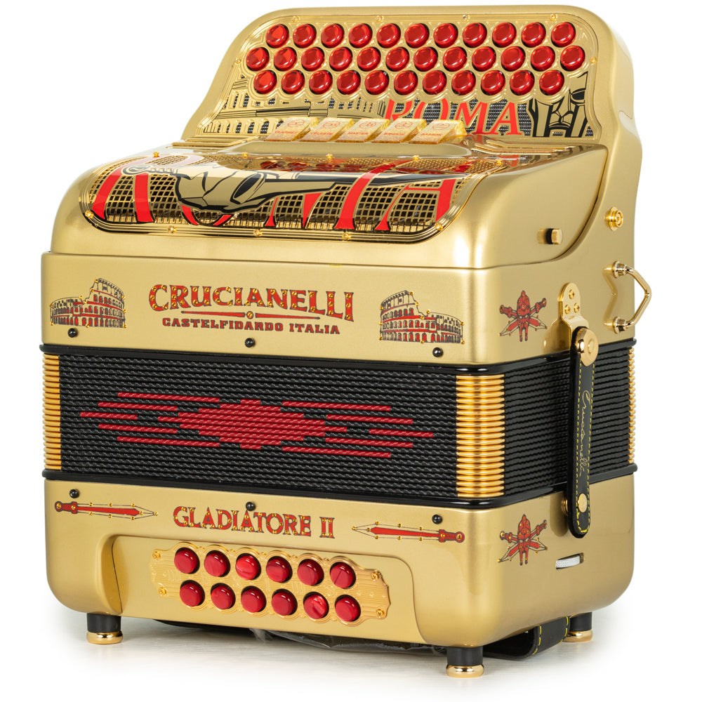 Acordeón Crucianelli Gladiator II 5 Registros Fa Accordion Oro y Rojo