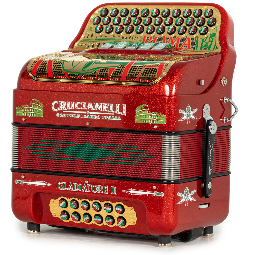 Acordeón Crucianelli Gladiator II 5 Registros Fa Rojo con Dorado y Verde