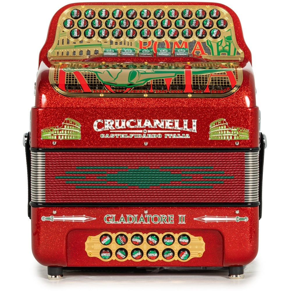 Acordeón Crucianelli Gladiator II 5 Registros Fa Rojo con Dorado y Verde