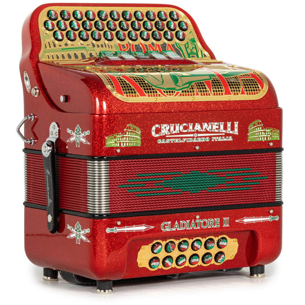 Acordeón Crucianelli Gladiator II 5 Registros Fa Rojo con Dorado y Verde