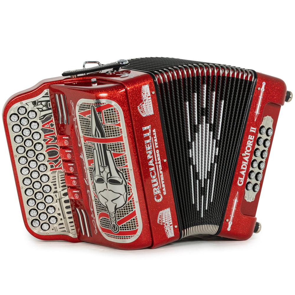 Acordeón Crucianelli Gladiator II 5 Registros Mi Brillo Rojo con Plata