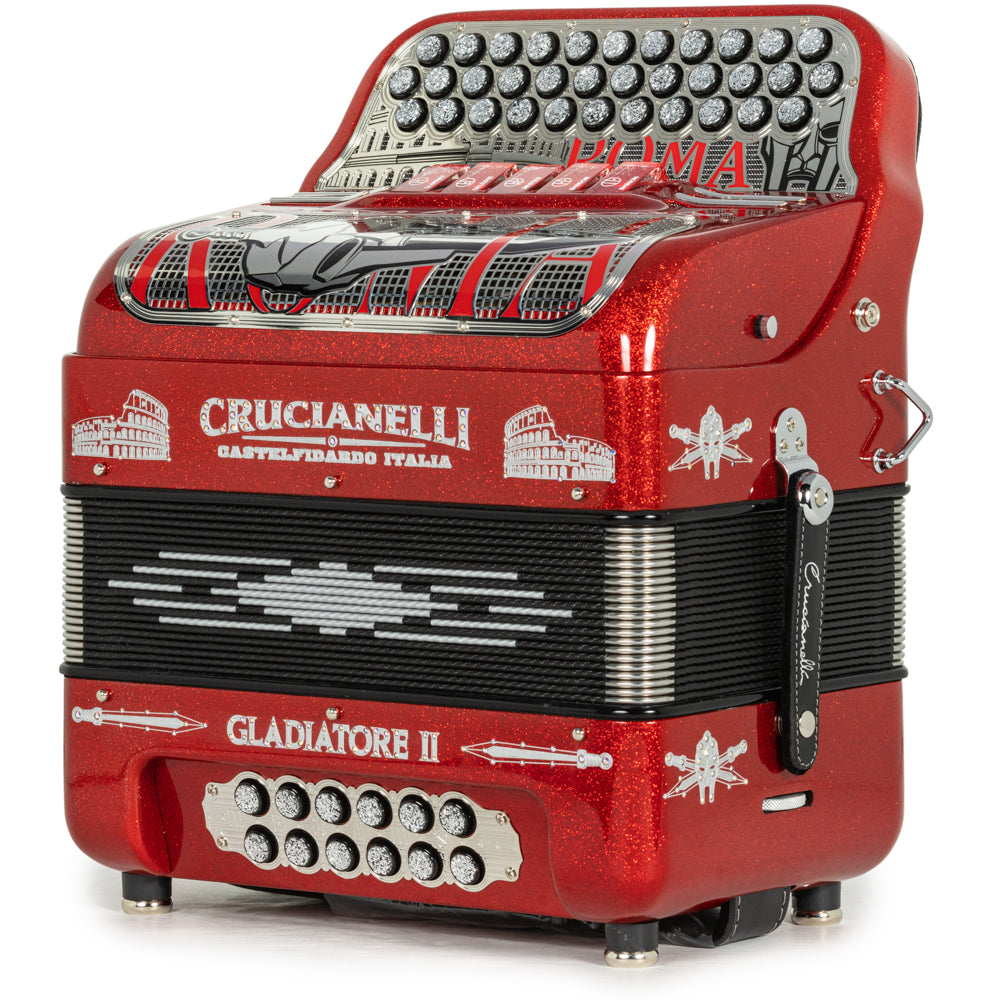 Acordeón Crucianelli Gladiator II 5 Registros Mi Brillo Rojo con Plata