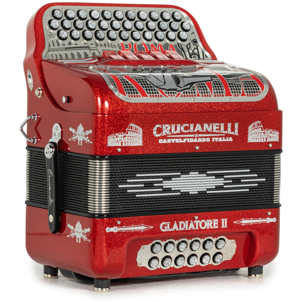 Acordeón Crucianelli Gladiator II 5 Registros Mi Brillo Rojo con Plata