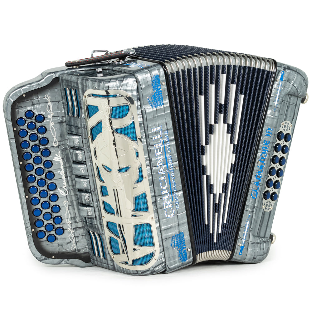 Crucianelli Gladiator III 6 Switch 2-Tone FBE-GCF Accordion in Celluloid Grey with Blue