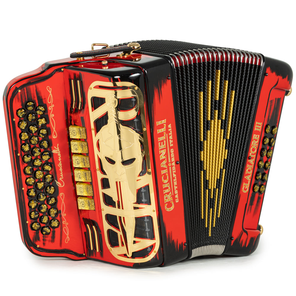 Crucianelli Acordeón Gladiator III 6 Registros Fa-Mi Rojo con Negro y Dorado