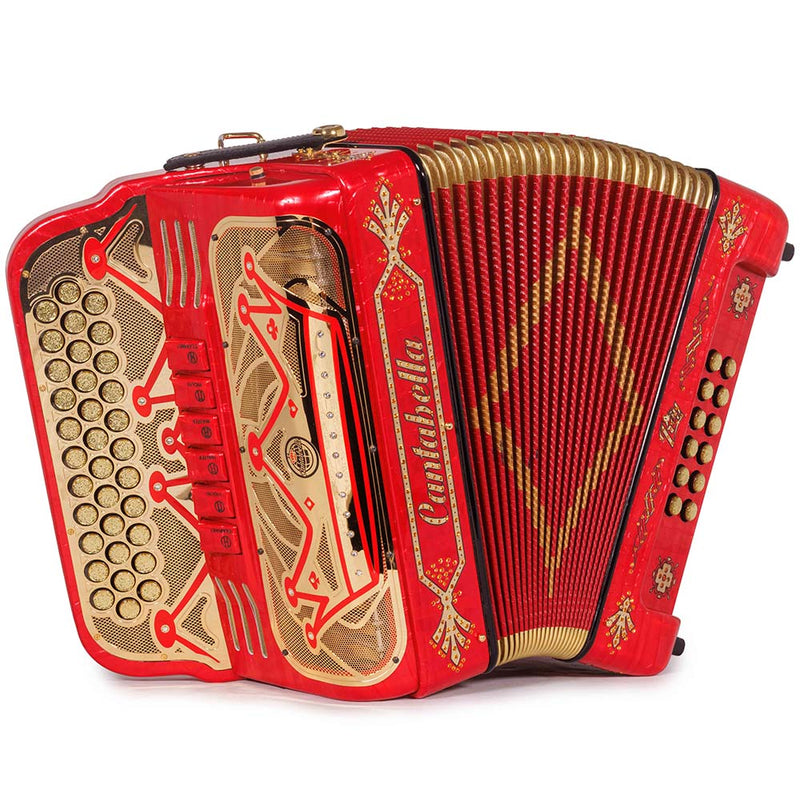 Cantabella Rey II Acordeón 6 Registros FA/SOL Celuloide Metal Rojo con Accesorios Dorados
