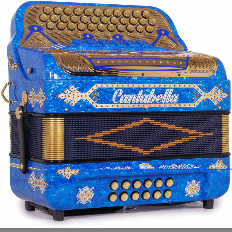 Cantabella Rey II Acordeón 6 Registros FA-MI Celuloide con Ondas Azules y Accesorios Dorados