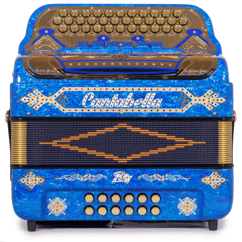 Cantabella Rey II Acordeón 6 Registros FA-MI Celuloide con Ondas Azules y Accesorios Dorados