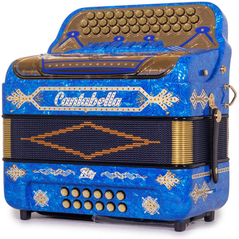 Cantabella Rey II Acordeón 6 Registros FA-MI Celuloide con Ondas Azules y Accesorios Dorados